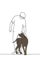 full-length man stroking a dog - one line art . concept dog lover, owner and pet on a walk vector