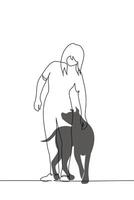 full length woman stroking a dog - one line art . concept dog lover, owner and pet on a walk vector