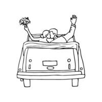 newlyweds in an open car kissing - hand drawn sketch vector