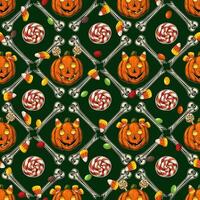 Geometric halloween pattern with square grid with rhombus cells, broken bones, pumpkin heads like happy kids, traditional candy, sweets on dark green background. Classic grid pattern. Vintage style. vector