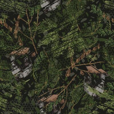 Seamless abstract grunge camouflage pattern with forest nature objects. Dry sticks, spruce branches, mushrooms. Wild nature. For apparel, fabric, textile, sport goods.