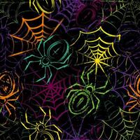 Seamless pattern in grunge style with spiders, spiderweb, paint brush strokes. Bright decoration for Halloween holiday. Dense random chaotic composition. vector