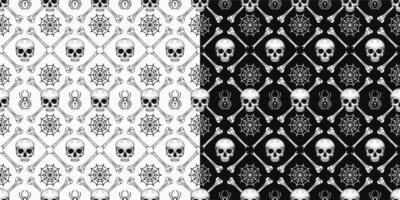 Geometric black and white halloween pattern with square grid with rhombus cells, broken bones, half skull without jaw, spider, spider web on white background. Classic grid pattern Vintage style Not AI vector