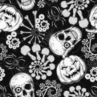 Halloween black and white pattern with human skull, pumpkin head, fractal spirals with lollipop, mushroom fly agaric, eyeballs, bones. Grunge silhouette of spider web with spiders behind. vector