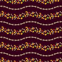 Seamless wavy striped halloween pattern with bones, halloween sweets, candy, bonbon, candy corn on black background. Vintage illustration. Good for package, wrapping paper, holiday decoration. vector