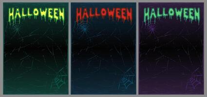 Scary Halloween poster background with copy space, slimy text. Grunge vintage backdrop with scratches, spiderweb. Template set in various colors. vector