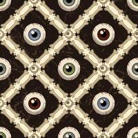 Checkered pattern with rhombus grid of bones, grunge wood textured squares, human eyeballs with direct look. Scary seamless background for Halloween, Dia de Muertos decoration. vector
