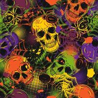 Seamless bright pattern in grunge style with human skulls, spiders, spiderweb, paint brush strokes, halftone. Vivid decoration for Halloween holiday. Dense random chaotic composition. Not AI vector