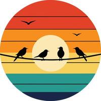 Nesting birds on tree branch Minimal sunset design on white background for t-shirt artwork vector