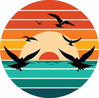 Sunset and flock of birds Minimal sunset design on white background for t-shirt artwork vector