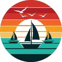A boat with a sail Minimal sunset design on white background for t-shirt artwork vector