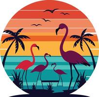 flamingos standing Minimal sunset design on white background for t-shirt artwork vector