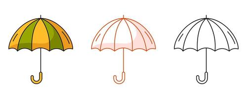 Open umbrella, protect from rainy weather in autumn, summer, spring. Colorful and line icon set. Flat outline icon, monochrome and color illustration. For logo, sticker, coloring book, label vector