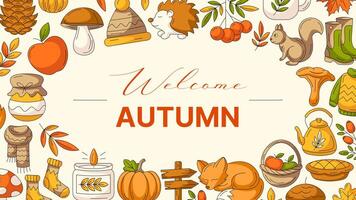 Autumn colorful horizontal banner with border frame of fall cozy elements. Greeting text in the middle, isolated background. Seasonal poster, flyer, cover, advertising, invitation vector