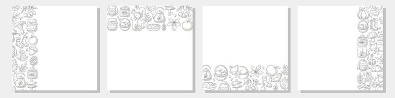 Autumn square poster set with various frame, upper, bottom, left, right side. Minimalist monochrome gray, space for text. Fall seasonal cozy elements. For card, banner, invitation, festival vector