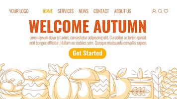 Autumn minimalist landing page template. Monochrome orange seasonal fall cozy elements from pumpkin, jam, warm clothes, apple, mushroom. For website, web, online, banner. Isolated background vector