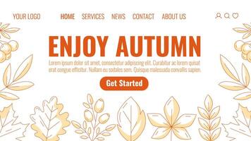 Enjoy autumn, landing page template. Minimalist monochrome orange seasonal fall leaves of oak, aspen, maple, chestnut leaf, rosehip and rowan branch. For website, web, online, banner. vector