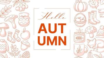 Hello autumn, minimalist horizontal banner or background with greeting text. Side frame, fall seasonal cozy elements, food, clothes, mushrooms, animals. For poster, flyer, card, invitation vector