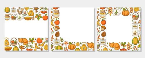 Autumn square poster set with various frame, upper, bottom, corner. Space for text, isolated white background. Fall seasonal cozy elements. For card, banner, invitation, social media, festival vector