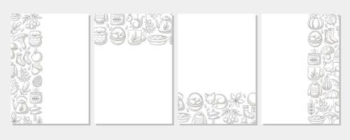 Autumn vertical a4 poster set, space for text. Minimalist monochrome gray left, right side, upper, bottom frame, fall seasonal cozy elements. For card, banner, invitation, festival or planner. vector