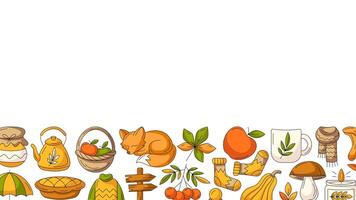 Autumn horizontal banner or background with space for text. Colorful bottom border frame with fall seasonal cozy elements, food, clothes, mushrooms, animals. For poster, flyer, card, invitation vector