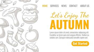 Enjoy autumn, minimalist landing page template. Monochrome seasonal fall cozy elements from chanterelle, jam, warm socks, apple, acorn. For website, web, online, banner. Isolated background vector