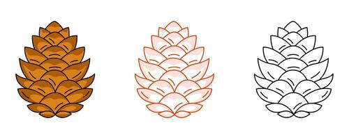 Pine or fir cone, forest tree fruit. Colorful and line icon set. Botanical flat outline icon, monochrome and color illustration. For logo, sticker, coloring book, label vector