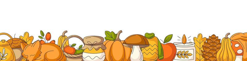Autumn narrow horizontal banner, space for text. Colorful bottom frame with fall seasonal cozy elements of warm clothes, mushroom, pumpkin, harvest, candle. For poster, flyer, card, page header vector