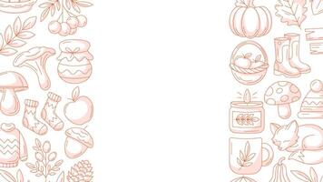 Autumn horizontal poster or background with copy space for text. Minimalist monochrome side border frame with fall seasonal cozy elements, food, clothes, mushrooms, animals. For banner, flyer, card vector