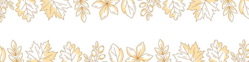 Autumn narrow horizontal banner, space for text. Minimalist monochrome orange top and bottom frame with fall seasonal maple, oak, aspen leaves, rosehip. For poster, flyer, card, page header, festival vector