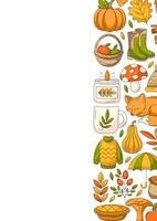 Autumn vertical a4 poster, space for text. Colorful right side border frame with fall seasonal cozy elements. For card, banner, invitation, social media, festival or planner. vector