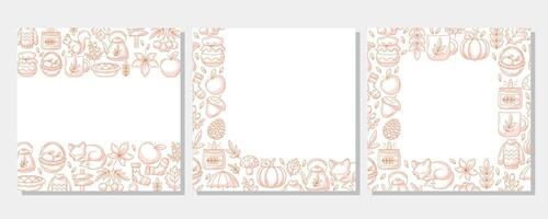 Autumn square poster set with minimalist monochrome red various frame, upper, bottom, corner. Space for text. Fall seasonal cozy elements. For card, banner, invitation, social media, festival vector
