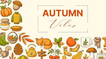 Autumn vibes, horizontal banner or background with space for text. Colorful corner border frame with fall seasonal cozy elements, food, clothes, mushrooms, animals. For poster, card, invitation vector