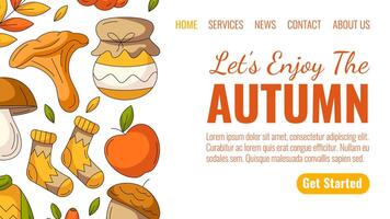 Enjoy autumn, colorful landing page template. Seasonal fall cozy elements from chanterelle, jam, warm socks, apple, acorn. For website, web, online, banner. Isolated background vector