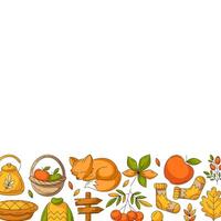 Autumn square poster with space for text. Colorful bottom border frame with fall seasonal cozy elements. For card, banner, invitation, social media, festival or postcard. Isolated background vector