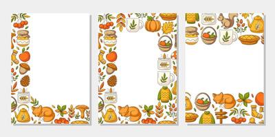 Set of autumn vertical a4 poster, space for text. Colorful upper, bottom, corner border frame with fall seasonal cozy elements. For card, banner, invitation, social media, festival or planner. vector