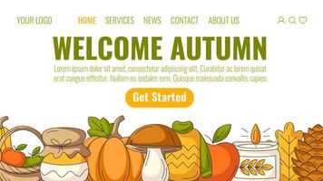 Welcome autumn, colorful landing page template. Seasonal fall cozy elements from pumpkin, jam, warm clothes, apple, mushroom. For website, web, online, banner. Isolated background vector