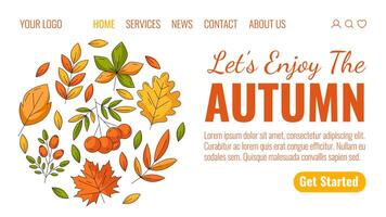 Enjoy autumn, colorful landing page template. Seasonal fall cozy round design from fall leaves, rowan, rosehip. Oak, maple, chestnut, aspen leaf. For website, web, online, banner. vector