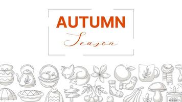 Autumn season, horizontal banner or background with space for text. Minimalist bottom frame with monochrome gray fall seasonal cozy elements, food, clothes, mushrooms, animals. For poster, flyer, card vector