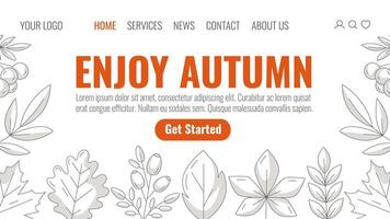 Enjoy autumn, landing page template. Minimalist monochrome gray seasonal fall leaves of oak, aspen, maple, chestnut leaf, rosehip and rowan branch. For website, web, online, banner. vector