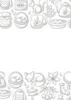 Autumn vertical a4 poster, space for text. Minimalist monochrome gray bottom and upper border frame with fall seasonal cozy elements, food, clothes, mushrooms, animals. For card, banner, invitation vector