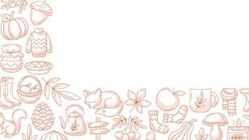 Autumn horizontal banner or background with space for text. Minimalist monochrome red corner frame with fall seasonal cozy elements, food, clothes, mushrooms, animals. For poster, card, invitation vector