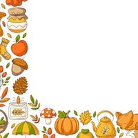 Autumn square poster with space for text in the middle. Colorful corner border frame with fall seasonal cozy elements. For card, banner, invitation, social media, festival or postcard vector