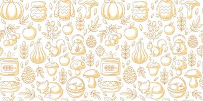 Minimalist autumn seamless pattern with cozy seasonal fall elements, food, clothes and animals. Isolated background. Fall endless backdrop. For fabric, paper, textile, gift wrap, cover or print vector