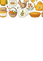 Autumn vertical a4 poster with space for text. Colorful upper border frame with fall seasonal cozy elements. For card, banner, invitation, social media, festival or planner. vector