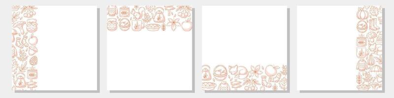 Autumn square poster set with various frame, upper, bottom, left, right side. Minimalist monochrome red, isolated background. Fall seasonal cozy elements. For card, banner, invitation, festival vector
