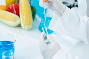 Scientist check chemical food residues in laboratory. Control experts inspect quality of fruits, vegetables. lab, hazards, ROHs, find prohibited substances, contaminate, Microscope, Microbiologist photo