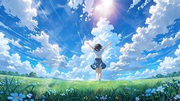 A person in a school uniform joyfully runs through a vibrant grass field under a bright blue sky with dynamic clouds and light rays. The scene is lively and full of energy. video