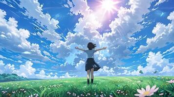 A person in a school uniform joyfully runs through a vibrant grass field under a bright blue sky with dynamic clouds and light rays. The scene is lively and full of energy. video
