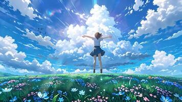 A person in a school uniform joyfully runs through a vibrant grass field under a bright blue sky with dynamic clouds and light rays. The scene is lively and full of energy. video